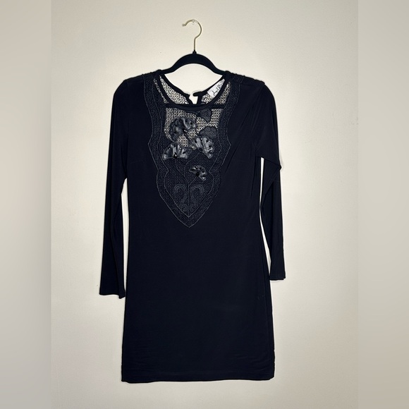 Joseph Ribkoff Size M Black long sleeve dress with leather flower details - Picture 1 of 2